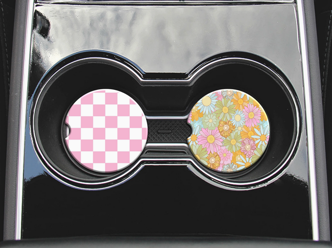 Retro Flowers and Checks Car Coasters